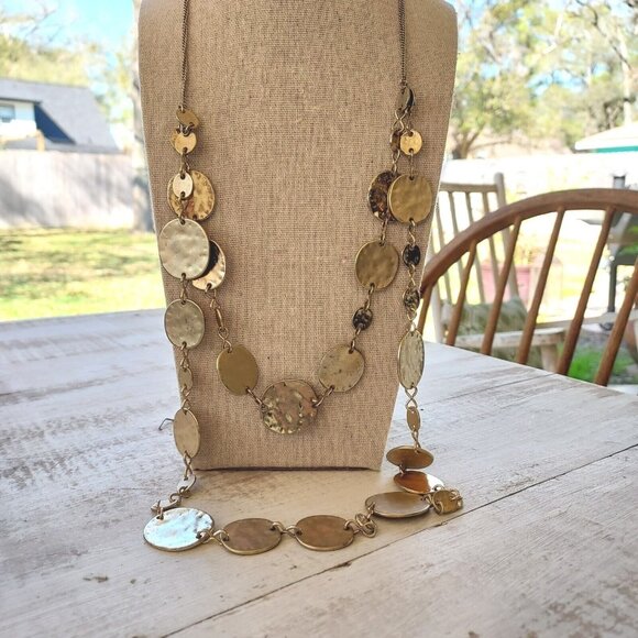 Express Double Layer Hammered Coin Shaped Gold Toned Necklace - Picture 2 of 5